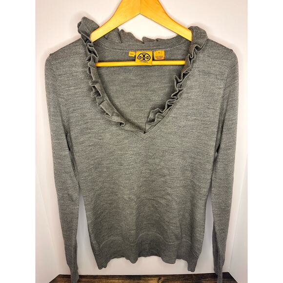 Cozy Gray Merino Wool Tory Burch Sweater Classic & Chic Size M - Picture 2 of 6